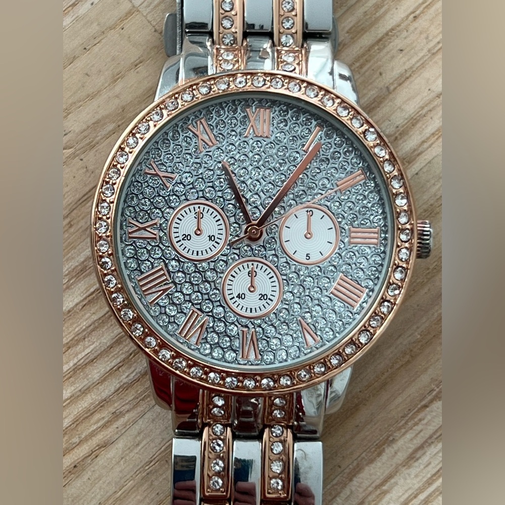 FMD Crystal Embellishments On Dial and Bezel Two-Tone Metal Bracelet New Battery